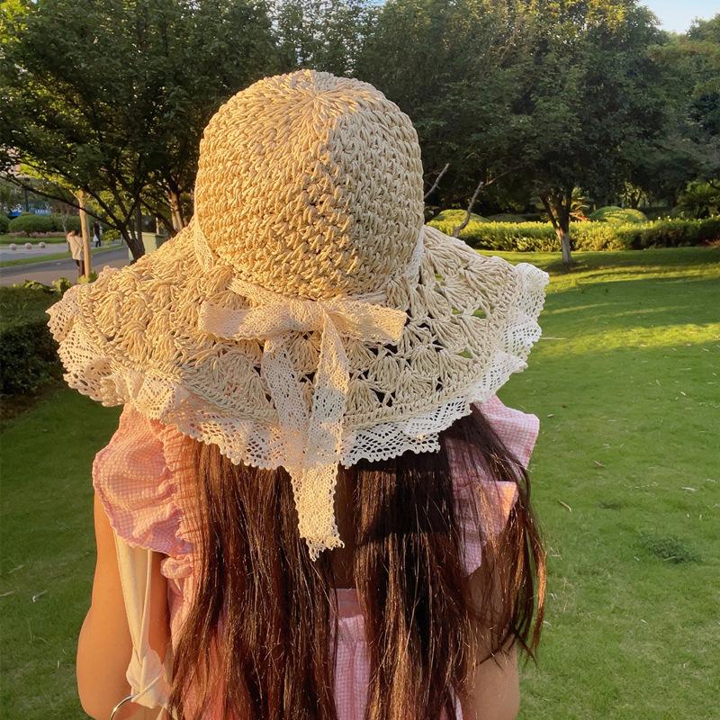 Foldable Lace Edge Sun Hat Woman Summer Straw Hat Handwoven Cute Bow Sunshade Hat for Vacation Beach Cap