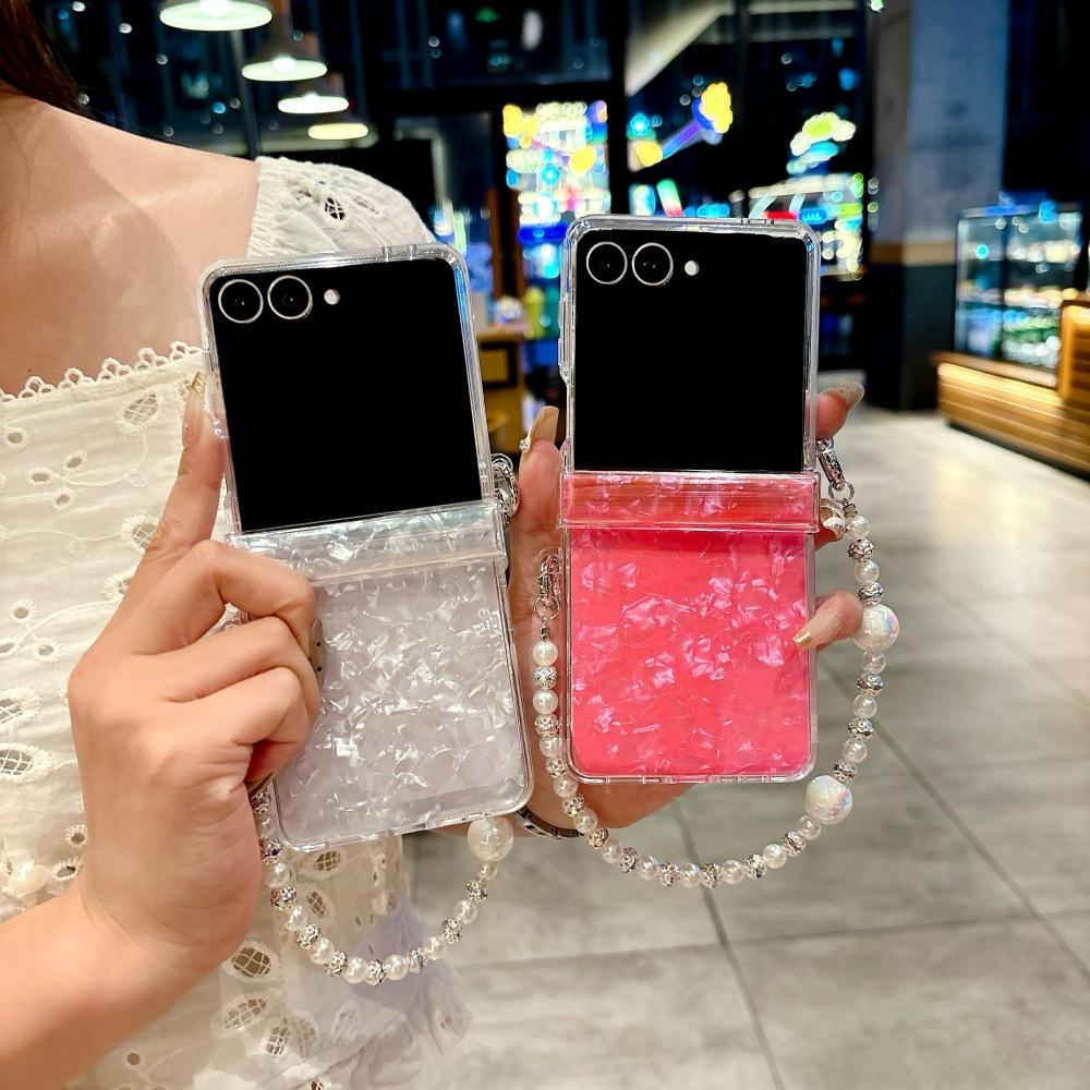 Luxury Shell Pattern Beads Bracelet Case for Samsung Galaxy Z Flip 7 6 5 flip 3 4 zflip7 Hand Wrist Chain Acrylic Hard Cover