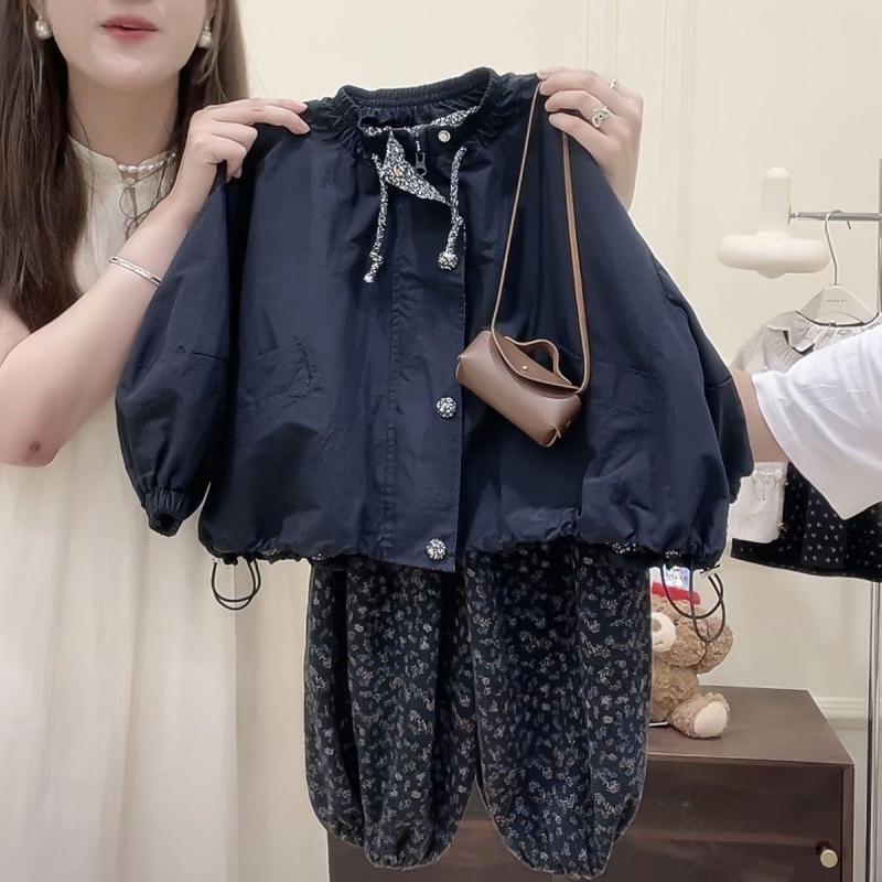 

2025 Korean Style Girls Floral Patchwork Stand Collar Windbreaker Size 90