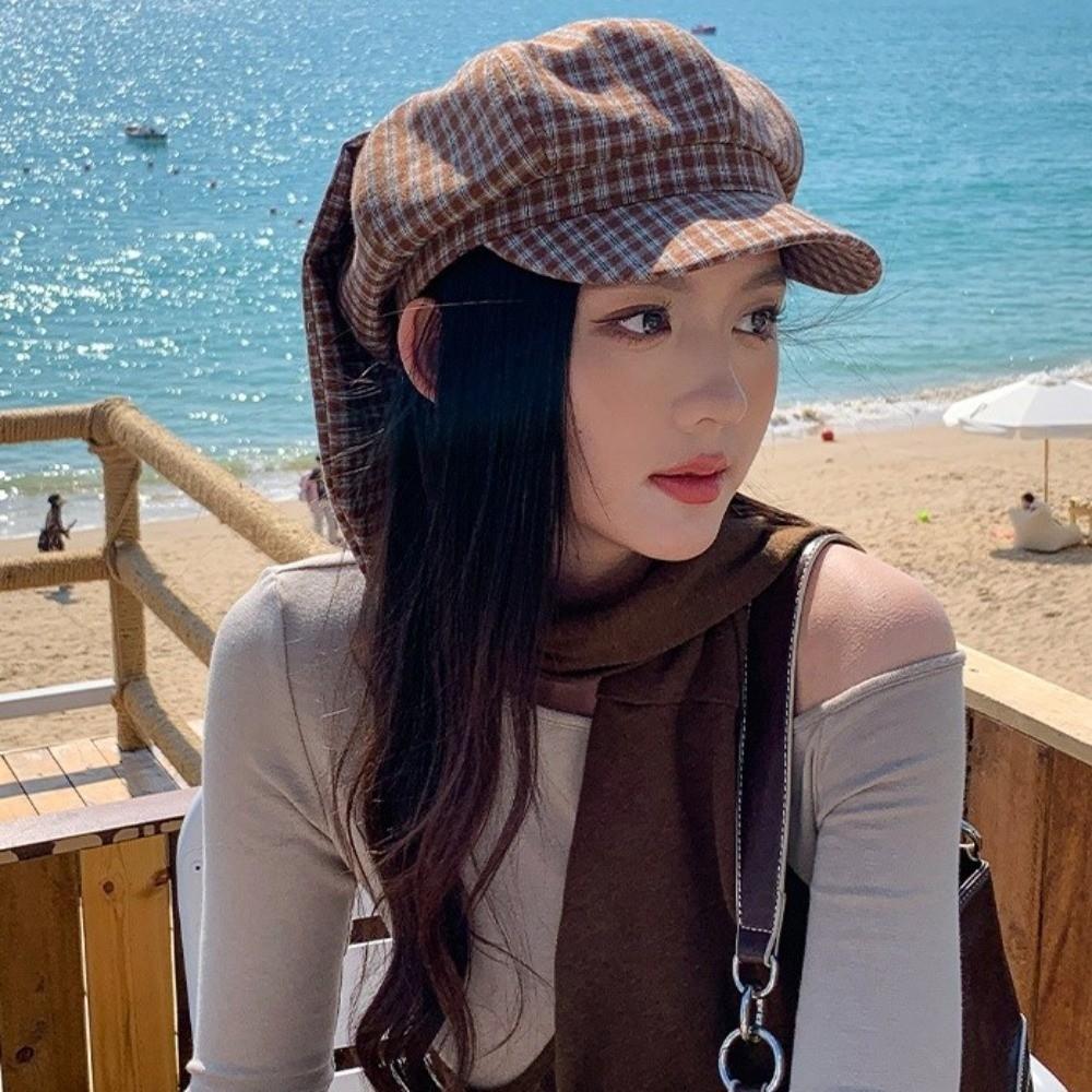 Versatile Plaid Beret Big Head Circumference Spring Painter Cap Sweet Women Artist Hat  Girls