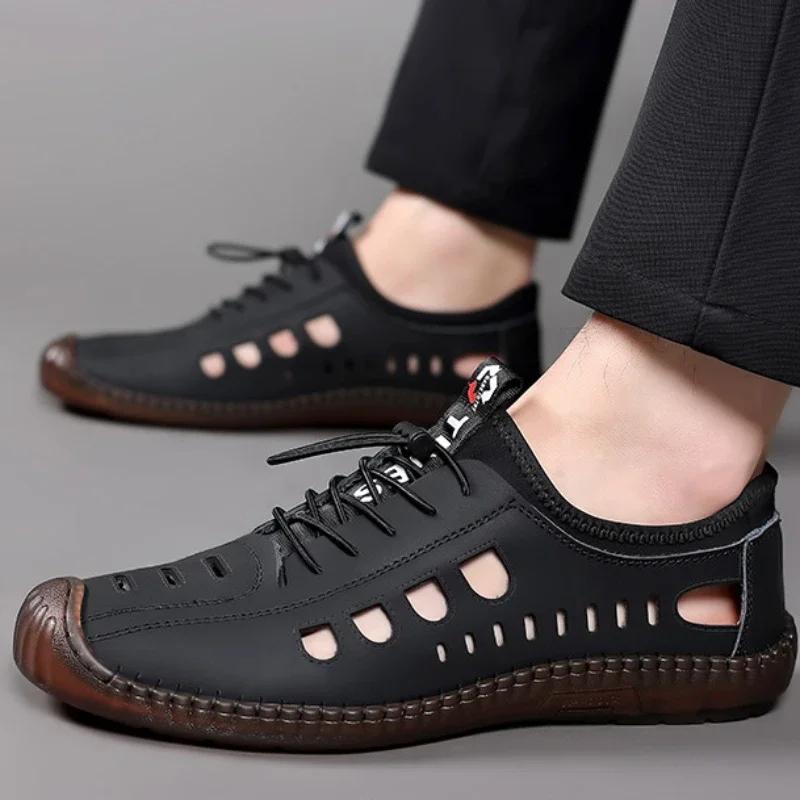 Herren Sandalen Sommer Atmungsaktiv Ausgeschnitten Sandalen Rutschfest Oxford Flache Schuhe Outdoor Freizeit Strand Sandalen für Herren Leder Sandalias
