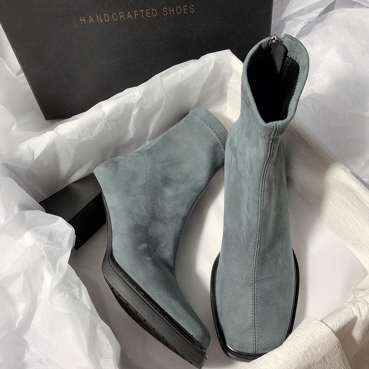 

Жіночі чоботи на товстому каблуці з квадратною головою, еластичні чоботи з замші, вузькі, корейська версія, солодкі чоботи на блискавці для приміських жінок 39 світло-синій колір