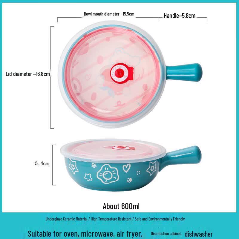 Cartoon Ceramic Oven-Safe Baking and Salad Bowl with Handle