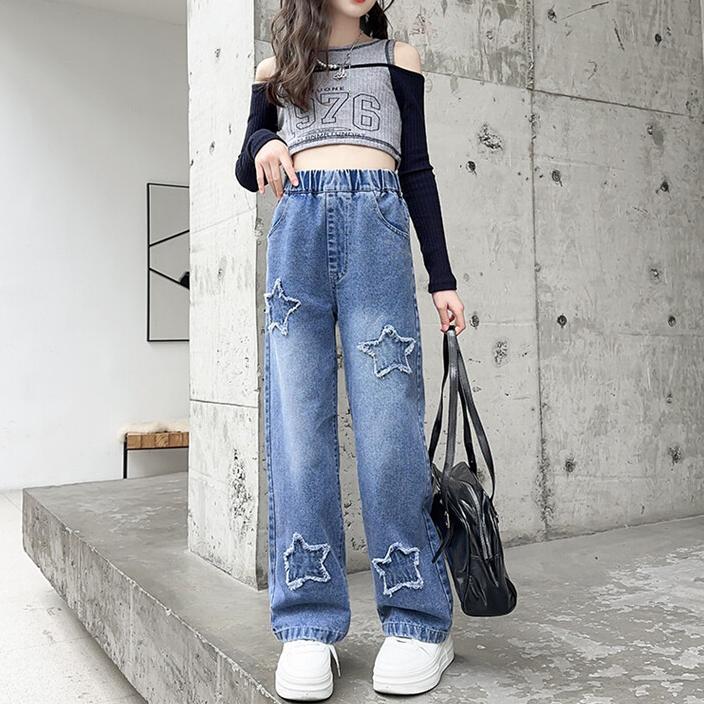 Girls' Jeans Spring and Autumn Straight Leg Pants Wide Leg Pants Girls' Pants Loose Pants