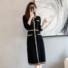 Elegant French Chic Knit Midi Dress Women Long Sleeve High Waist A-Line With Contrast Lurex Trim