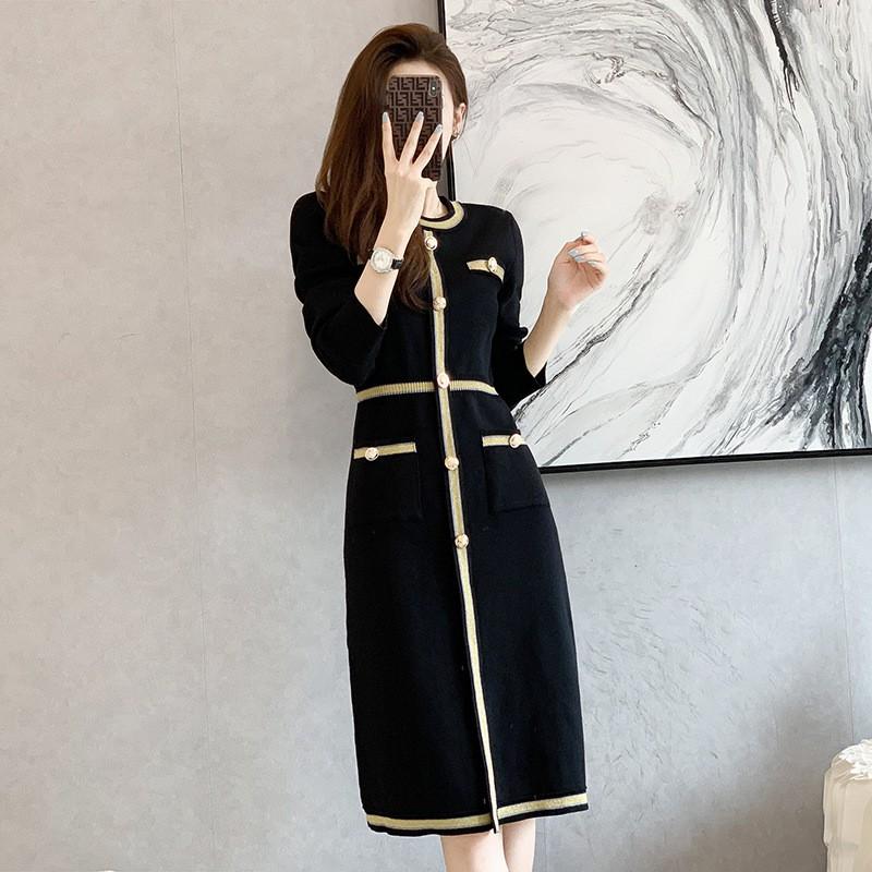 Elegant French Chic Knit Midi Dress Women Long Sleeve High Waist A-Line With Contrast Lurex Trim