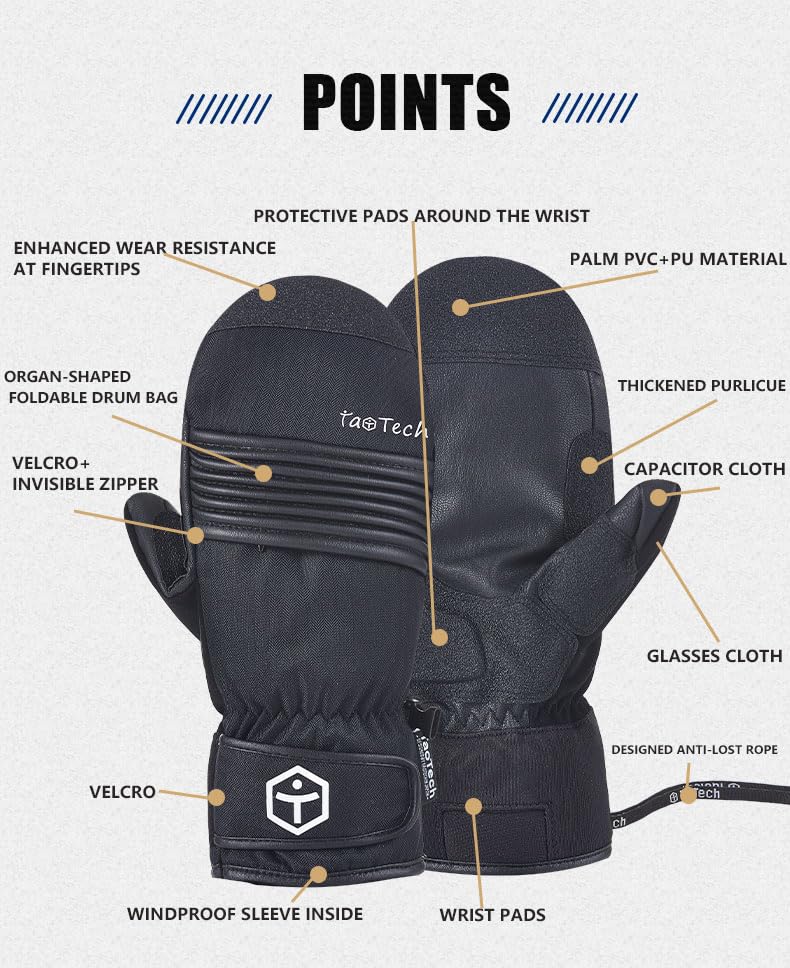 TaoTech Gathered Snowboard Gloves with Wrist Waterproof Ski Gloves for Men and with Protectors Neon Mittens, Guards, Women, Five-Finger Inner, (L,