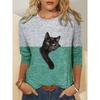 Color Block Printed Long Sleeved Casual Daily Basic Retro Round Neck 3D Cat Printed Women's T-shirts - Soft Medium Stretch Relaxed Fit Clothing