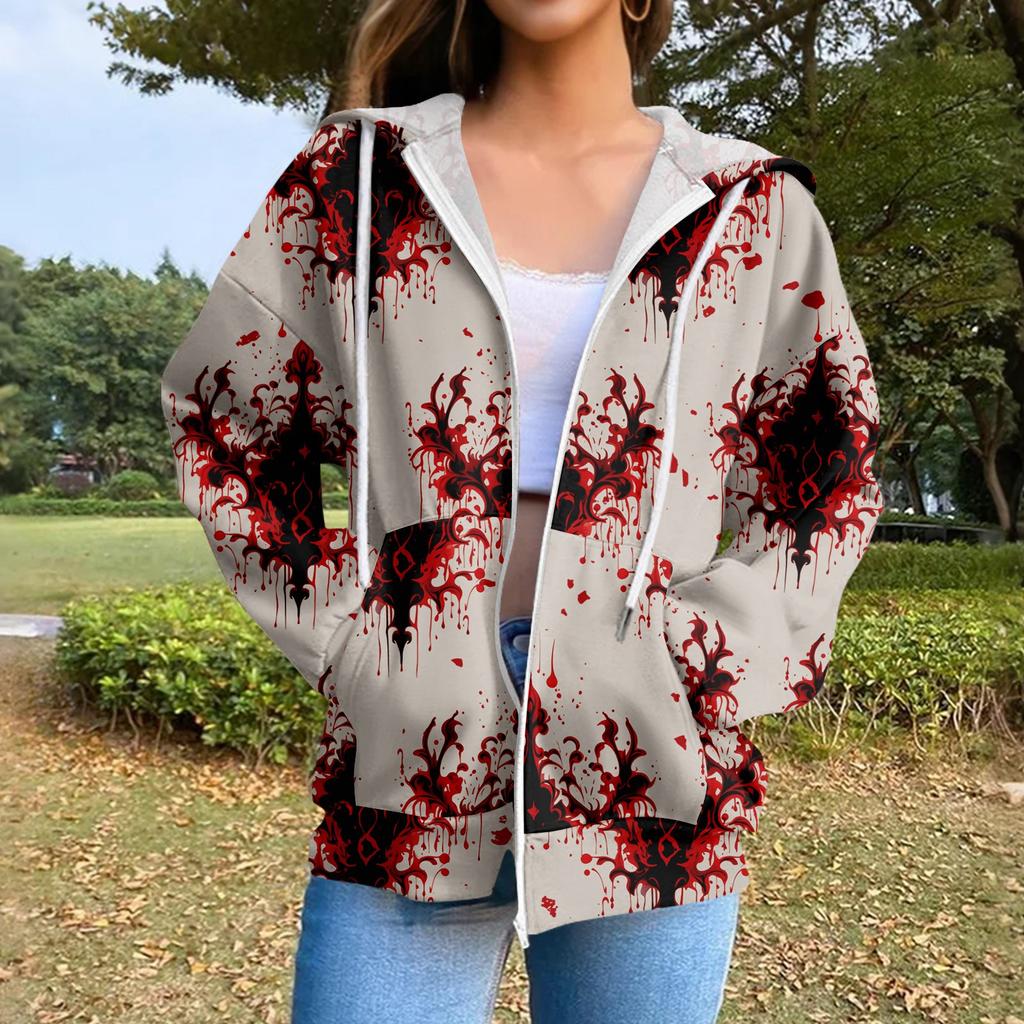 Sweat-shirt à capuche décontracté pour femme à manches longues avec fermeture éclair et cordon de serrage imprimé