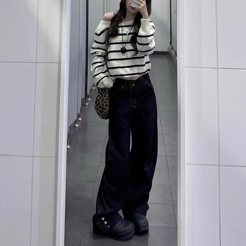 Casual Slash Neck Striped Sweaters Autumn Winter Stylish Off Shoulder Women's Korean Long Sleeve Basic Loose Knitted Pullovers