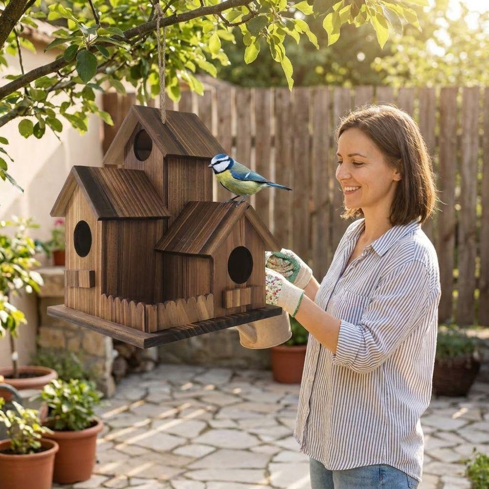 3 Chambers Bird Breeding Box Incubation Box Hanging Birdhouse Family Shelter Bird Villa Nest Yard