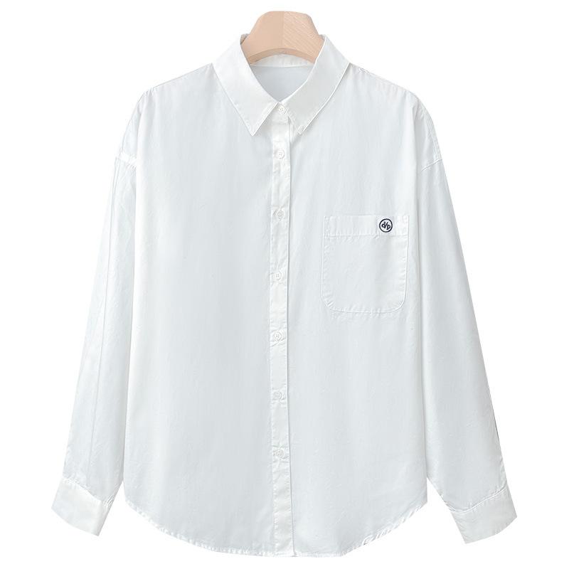 White Top Womens Long-sleeved Spring Clothes Latest Embroidered Top Cotton Lapel Top