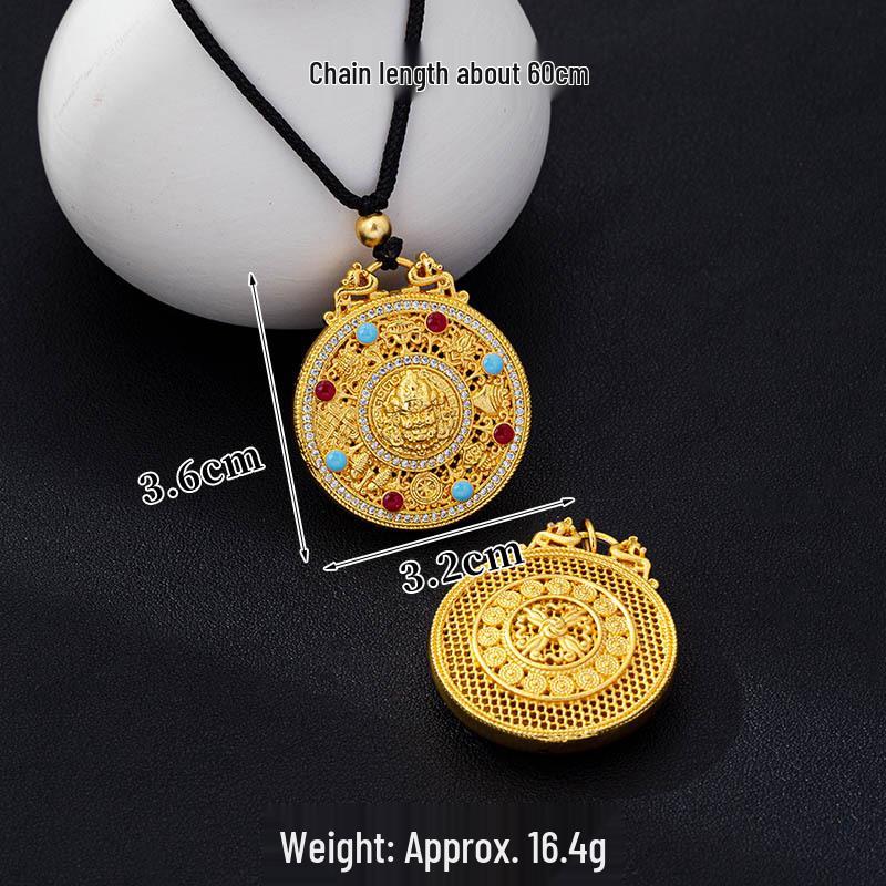 Ethnic Style Drip Oil Eight Treasures Compass Necklace with Sand Gold God of Wealth Pendant