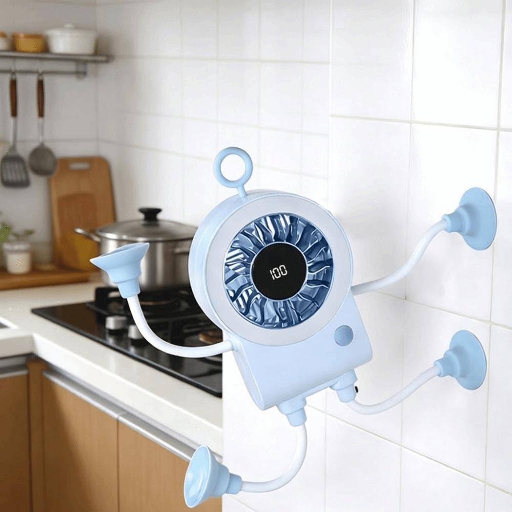 USB Rechargeable Robot Suction Cup Fan Quiet Operation Digital Display Desk Fan 5 Speed Adjustable Flexible Bendable