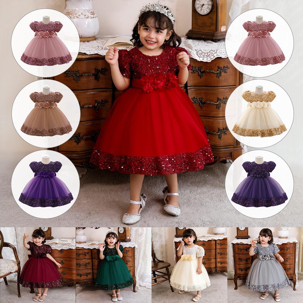 FYMNSI Vestito Da Bambina In Raso Per Battesimo E Festa - Con Fiocco, Colore Rosso Vivo, Taglie 6 Mesi - 10 Anni