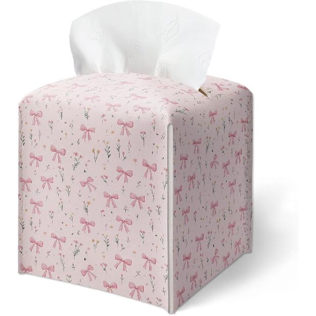Pink Bow Stripes Tissue Box Cover, Cute Preppy Leather Tissue Box-Waterproof, Aesthetic Home Decor for Desktop Living Room Vanity Office, Gift Idea