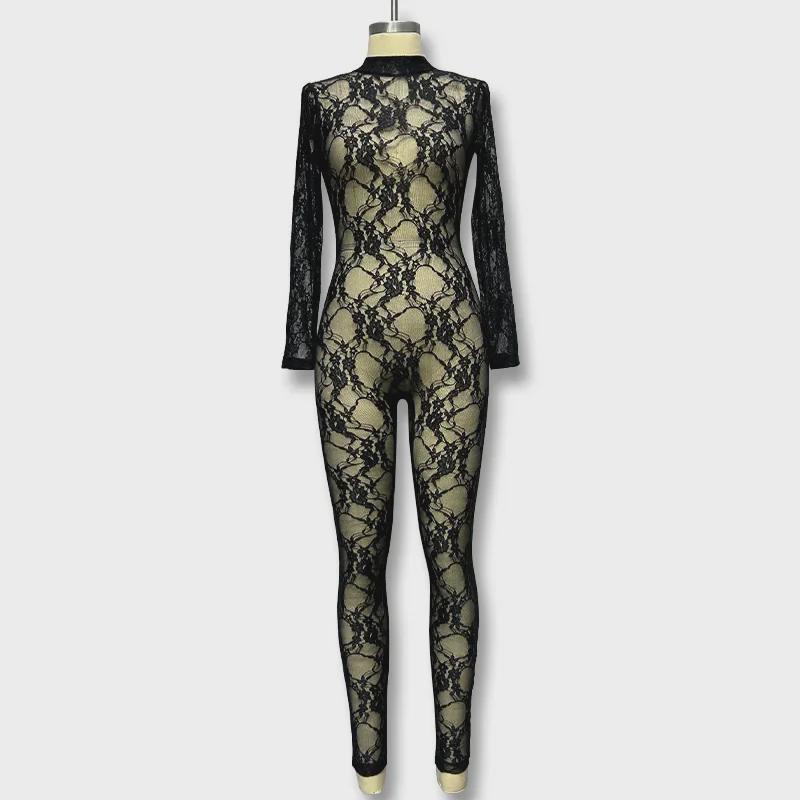 2023 Sexy Lace See-Through Long-Sleeve Jumpsuit for Women - Slim Fit, Popular European & American Fashion