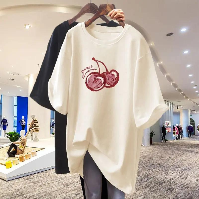 

Женская мультяшная базовая футболка из чистого хлопка, повседневная свободная футболка с коротким рукавом, топ с круглым вырезом, летняя мода 4XL