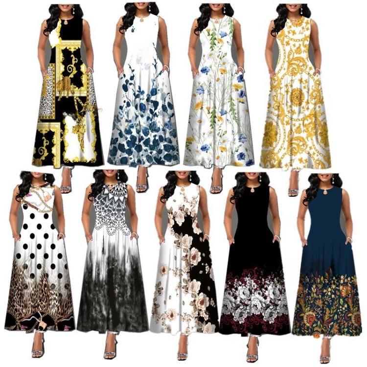 Women Summer Sleeveless V Neck Printed Maxi Dress