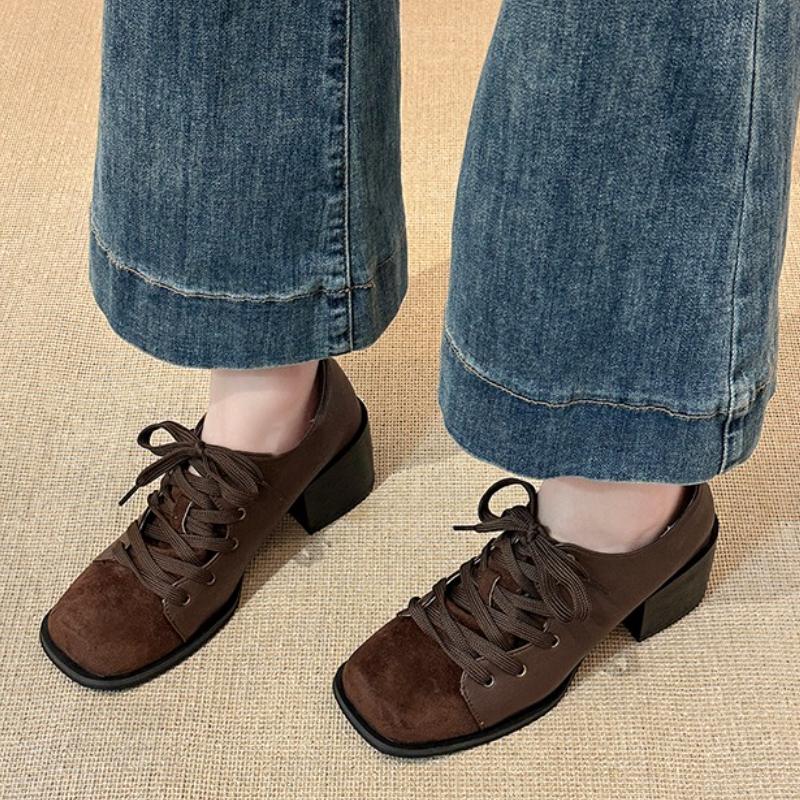 Herbst Winter Vintage Eckige Zehenpartie Dicker Absatz Damen Mary Jane Schuhe Street Style Schnürung Partykleid Damen Pumps