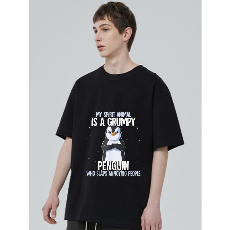 Crewneck T Shirt Black Grumpy Penguin with Text My Spirit Animal Is A Grumpy Penguin Who Slaps Annoying People Casual Wear for Men and Women