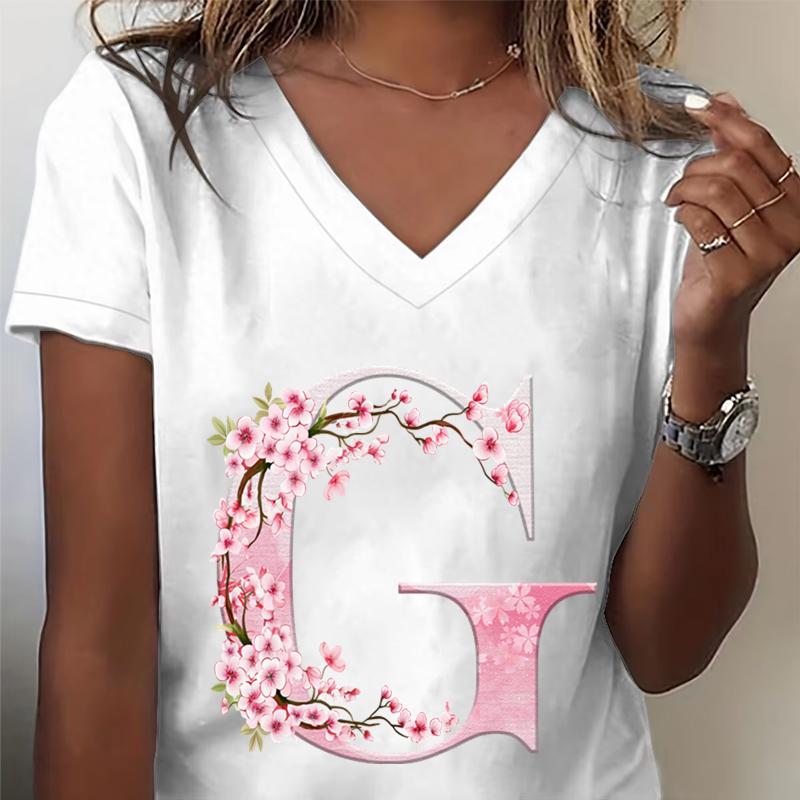 Pink Sakura 26 Alphabet Fashion Casual Tops Unisex Cherry Blossom Lover Vneck Short Sleeve Tshirt Letter R Floral Gift Clothing