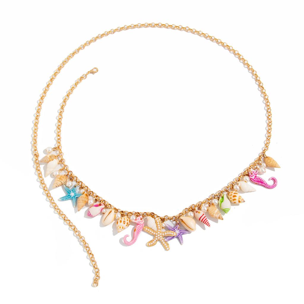 Ocean Wind Imitation Pearl Starfish Pendant Waist Chain, Wind Color Conch Shell Seahorse Body Chain
