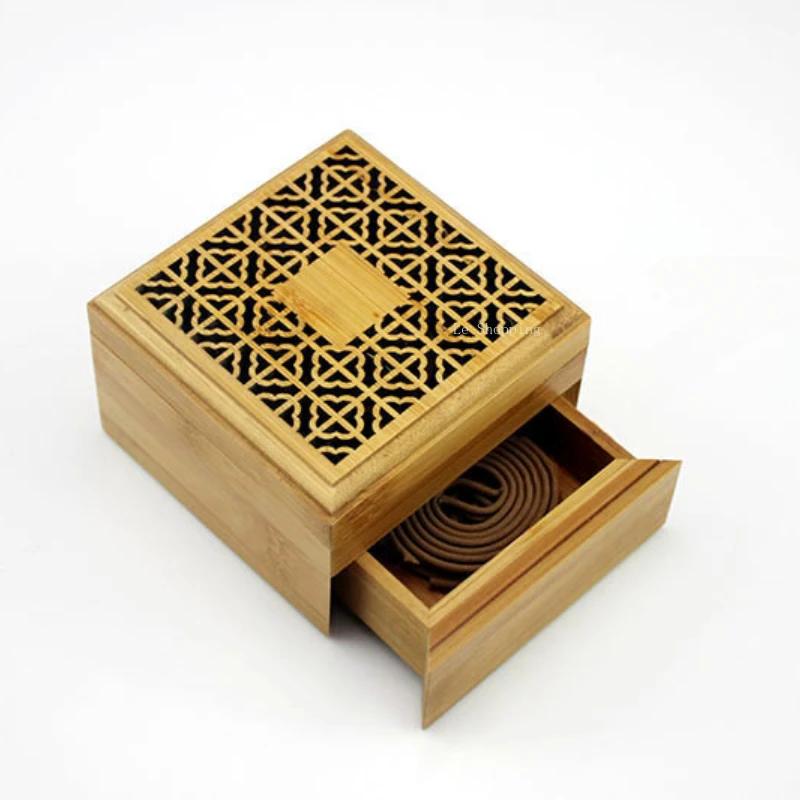 Quadrate Bamboo Hollow Out Incense Box Carved Pattern Incense Coil Box Household Indoor Incense Tea Ceremony Decoration Article