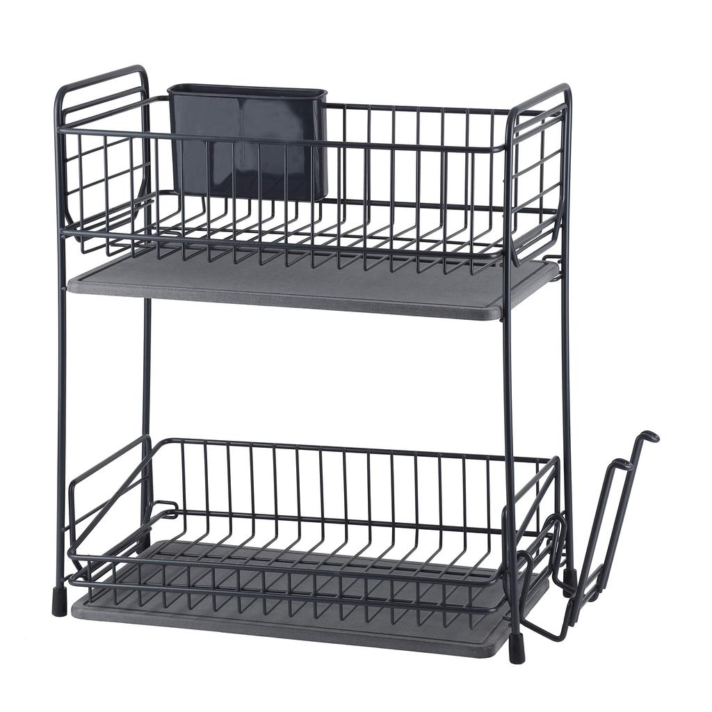 Pearl Metal Iron Dish Drainer Basket, 2-Tier, Slim, Dark Gray, with Diatomaceous Earth Tray, AZ-5514