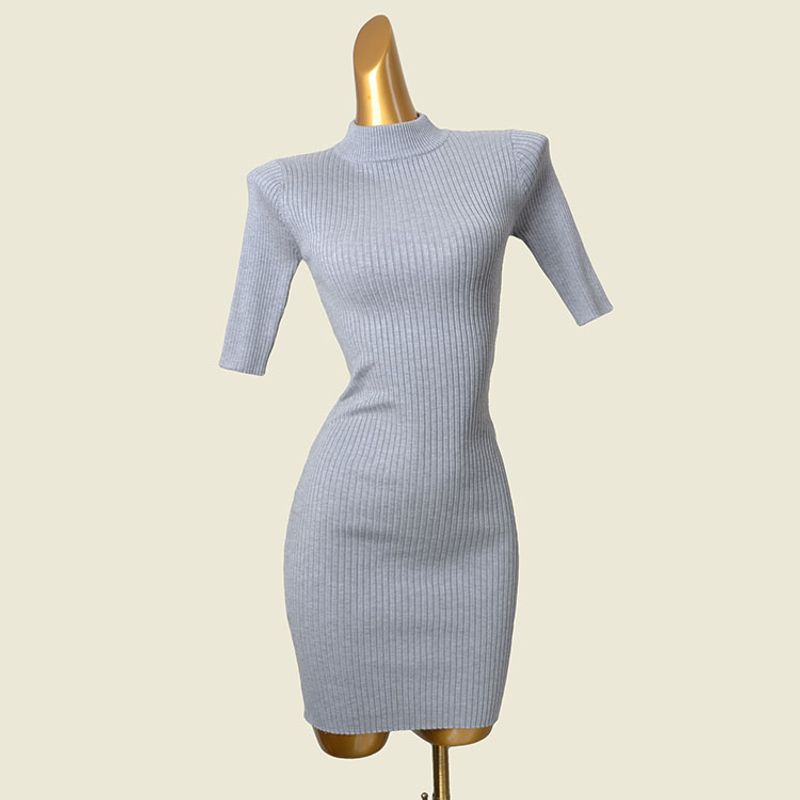 

Export Dress Fashion Style Original Order Mock-Neck Stripes Contrast Color Fit Slim Looking Sheath Winter Base Skirt Women Grey L