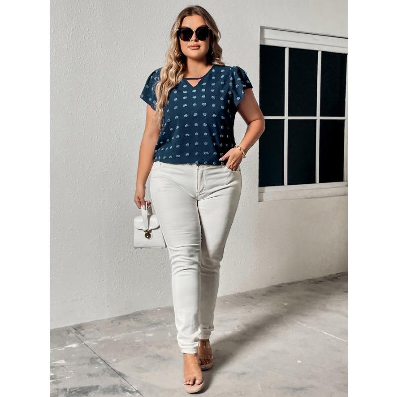 Dámská móda plus size Nový volný top s polovičním rukávem páví modré barvy