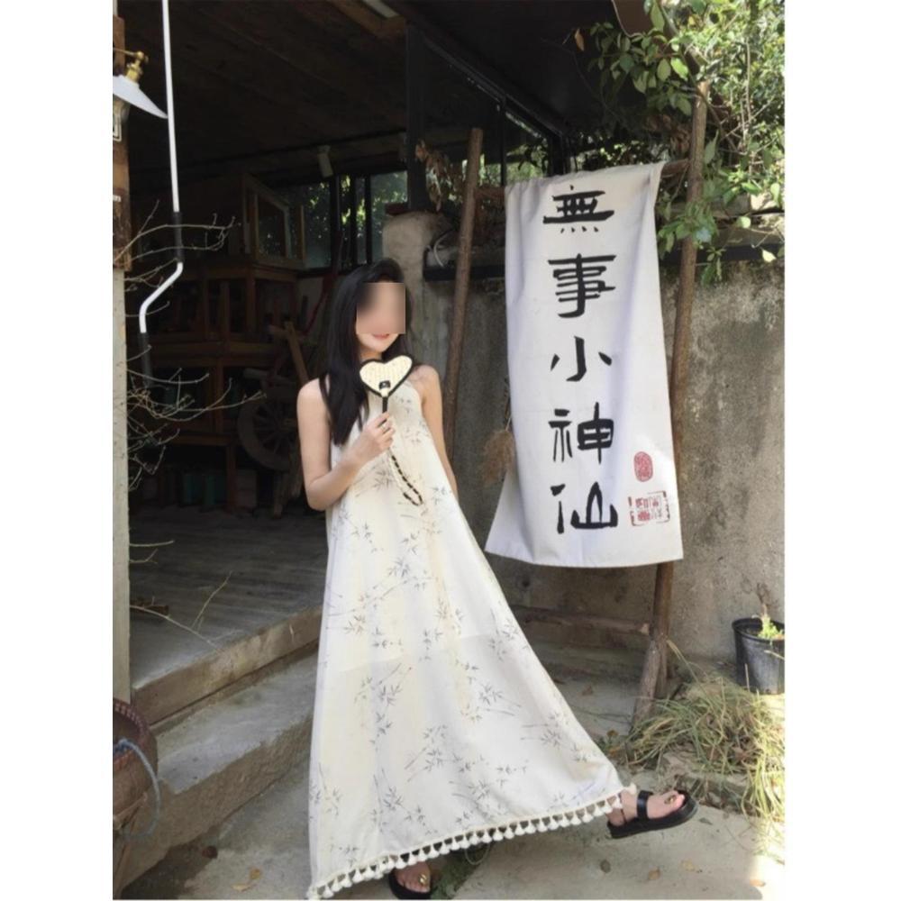 New Chinese Style Dark Pattern Bamboo Neck Dress Women's Summer New Beach Loose Design Holiday Style Long Skirt
