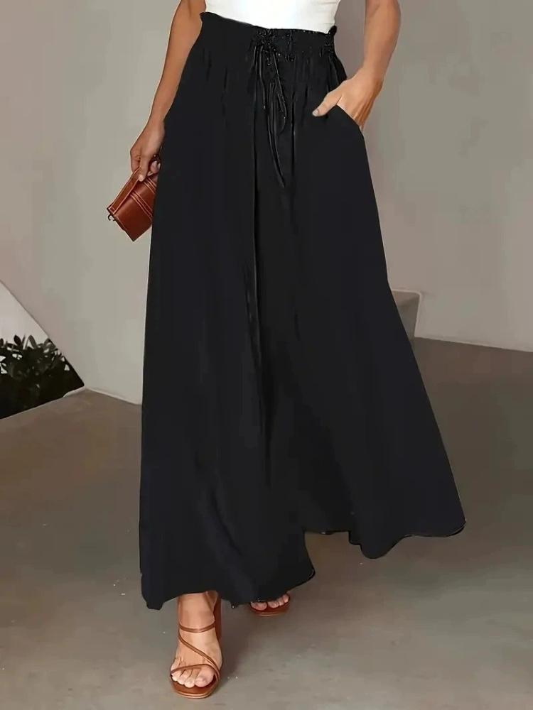 Summer Bohemian Wide-Leg Pants with Elastic Waist and Polka Dot Print Long Skirt Pants for Women