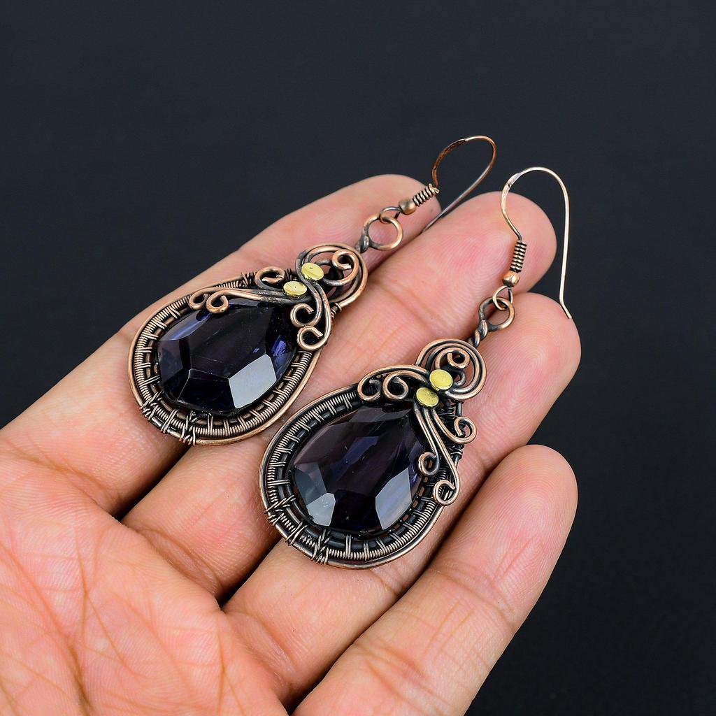 Amethyst Earrings Gemstone Jewelry, 999 Copper Wire Wrapped Earrings, Gift For Women Handmade Earrings