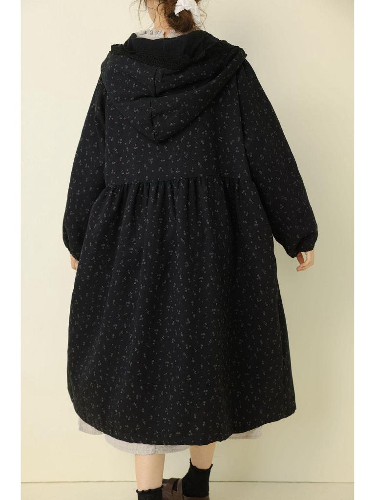 Herbst/Winter Floral Mori Stil Kapuzen Baumwolle Leinen Kleid Mantel für Damen