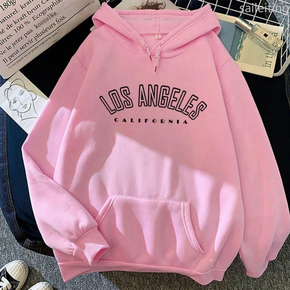 Los Angeles Kangaroo Pocket Hoodie Letter Print Sweatshirts Women Los Angeles Casual Long Sleeve Hiphop Streetwear Harajuku