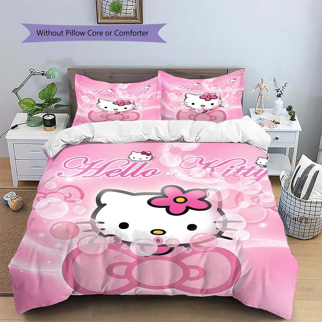 Hello Kitty Cute Pattern Bedding,Quilt Set Quilt Cover Pillowcase Home Birthday Gift(1 * Duvet Cover + 2 * Pillowcase, Without Core)