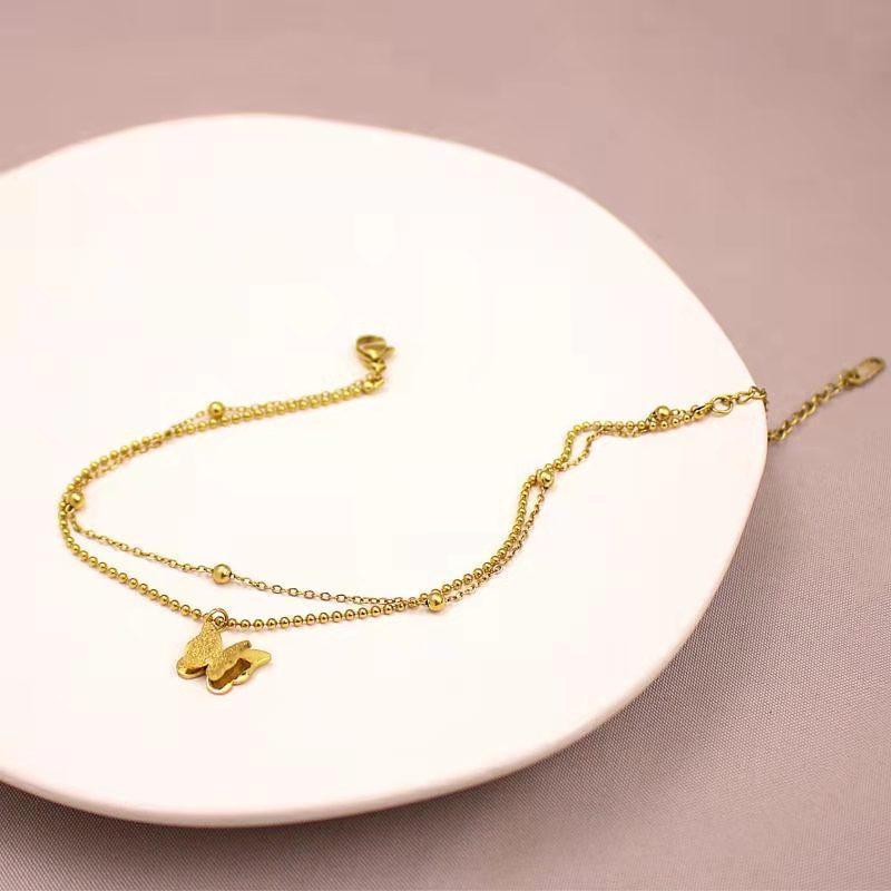 316L Stainless Steel New Fashion Jewelry 2 Layer Matte Butterflies Charm Beaded Anklet For Women Foot Chain Bijoux Femme