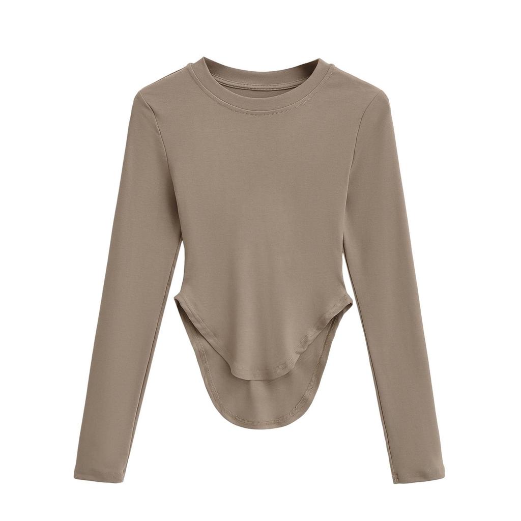 Women's Pilates Crew Neck Long Sleeve Yoga Top - Curved Hem, Spring/Summer Style