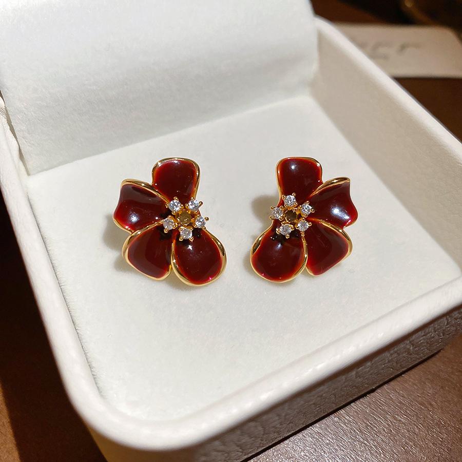 18K real gold electroplating dripping oil zircon flower stud earrings retro Hong Kong style earrings earrings women