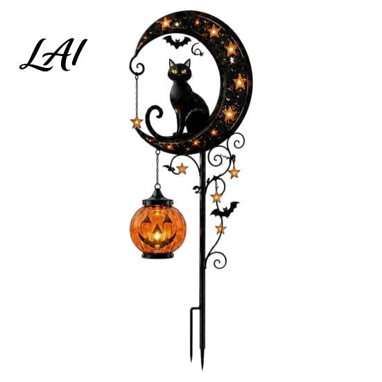 Warm Atmosphere Lights for Fall Parties Solar Halloween Black Cat & Pumpkin Moon Garden Stake Light Waterproof on Decorative Stakes Candy Nights