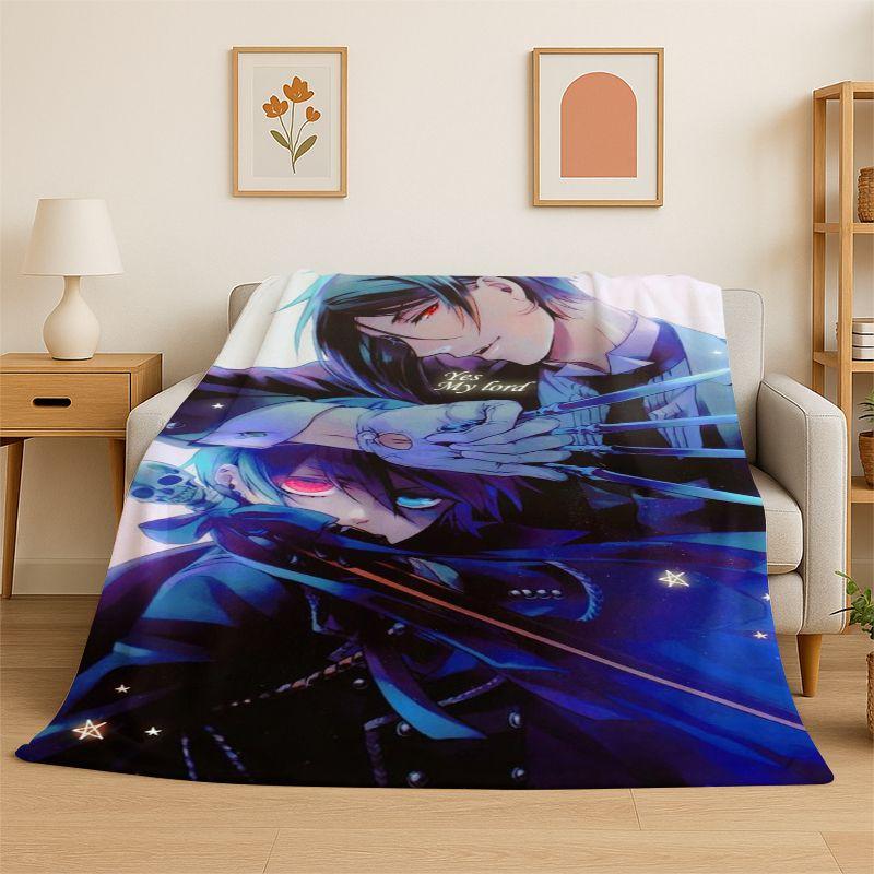 Black Butler Cartoon Anime Flannel Blanket Soft Warm Throw Blanket for Bedroom Living Room Bed Travel Camping Picnic Gift