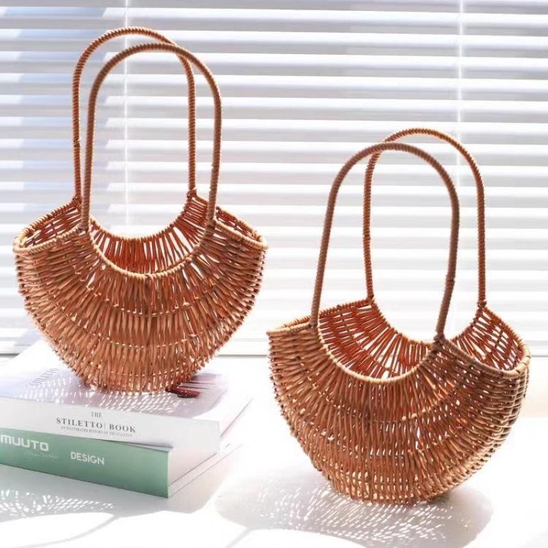 Pastoral-Style Handwoven Rattan Flower Basket - Small Decorative Green Plant Basket