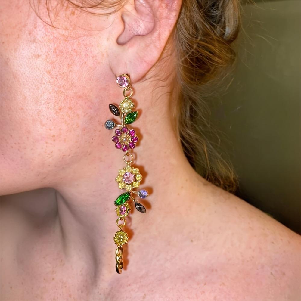 Exquisite flower design, fully artificial crystal inlay, long pendant earrings, elegant rural style, exquisite female gift