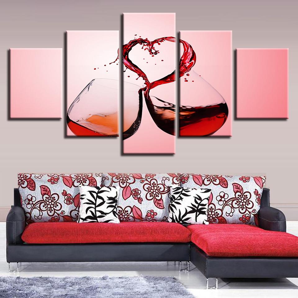 Painting HD Print Modern 5 Pieces Red Wine Heart Home Modular Decoration Posters Wall Art Canvas Frame Modular Picture For Gift No Frame
