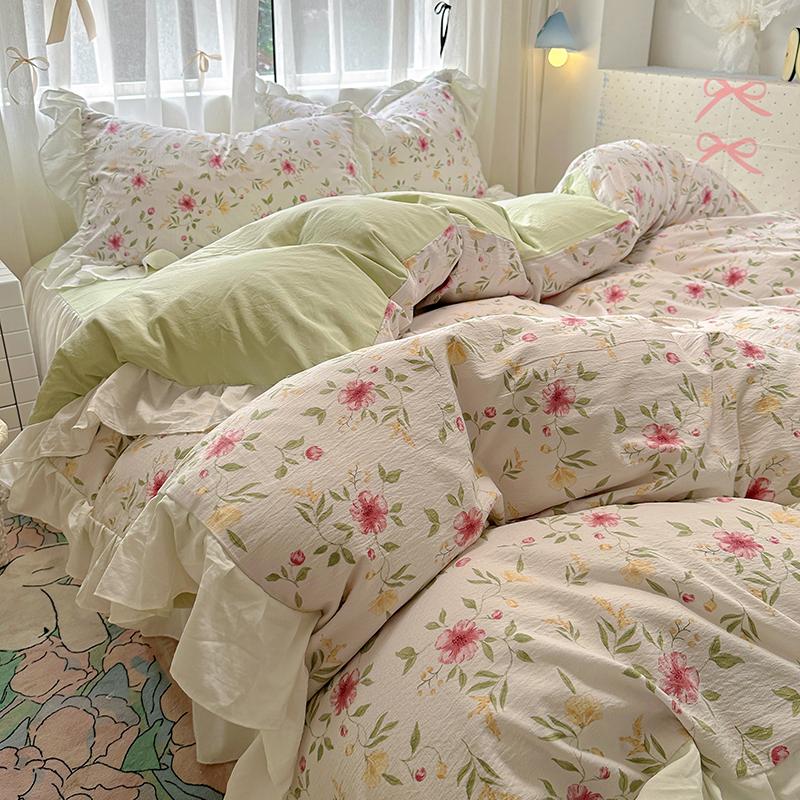 Ins Korean Style Floral Bedding Set 2024 New Washed Cotton 4pcs Bed Sheet Set Duvet Cover Set For Girls Bedding Decor Home