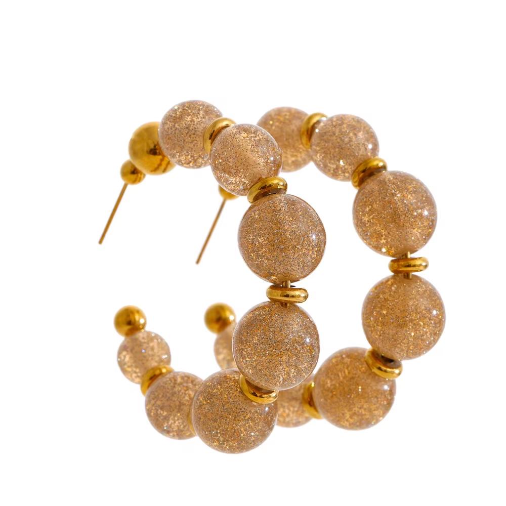 Yhpup French Colorful Acrylic Beads C-Shape Huggie Earrings Tarnish Resistant Stainless Steel Fashion Handmade Charms Jewelry