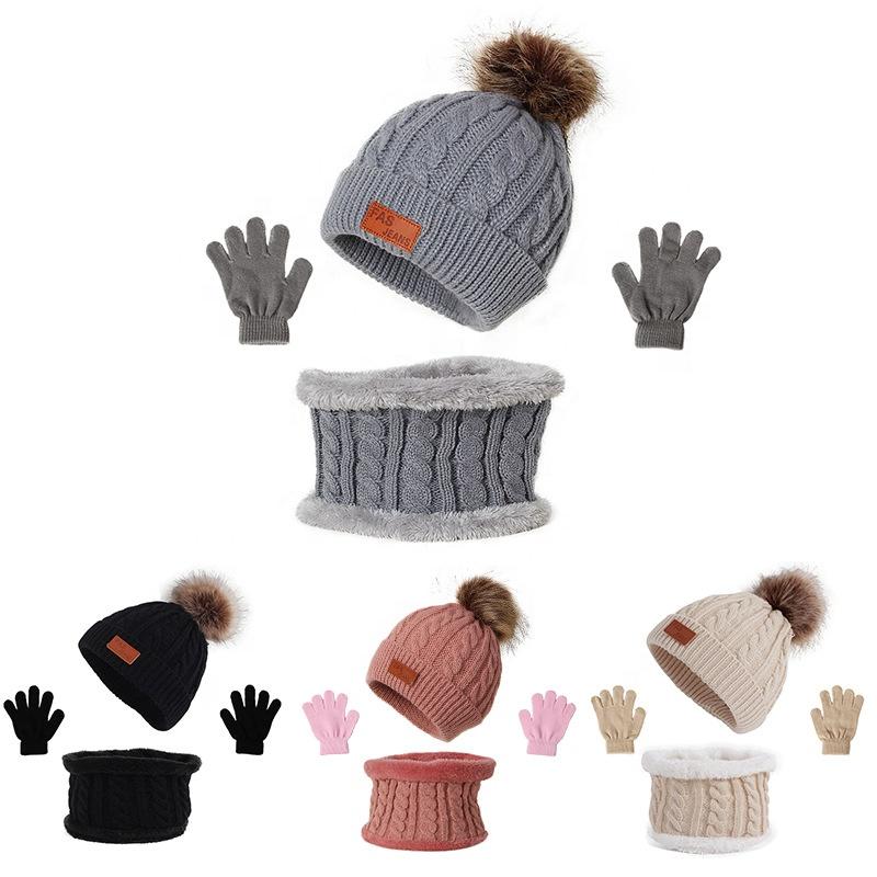 3 Stück Baby Mütze Schal Winter Gestrickt Polyester Beanie Kleinkind Mütze Kinder Junge Mädchen Säugling Flacher Rand Bommel Mützen Set Warm