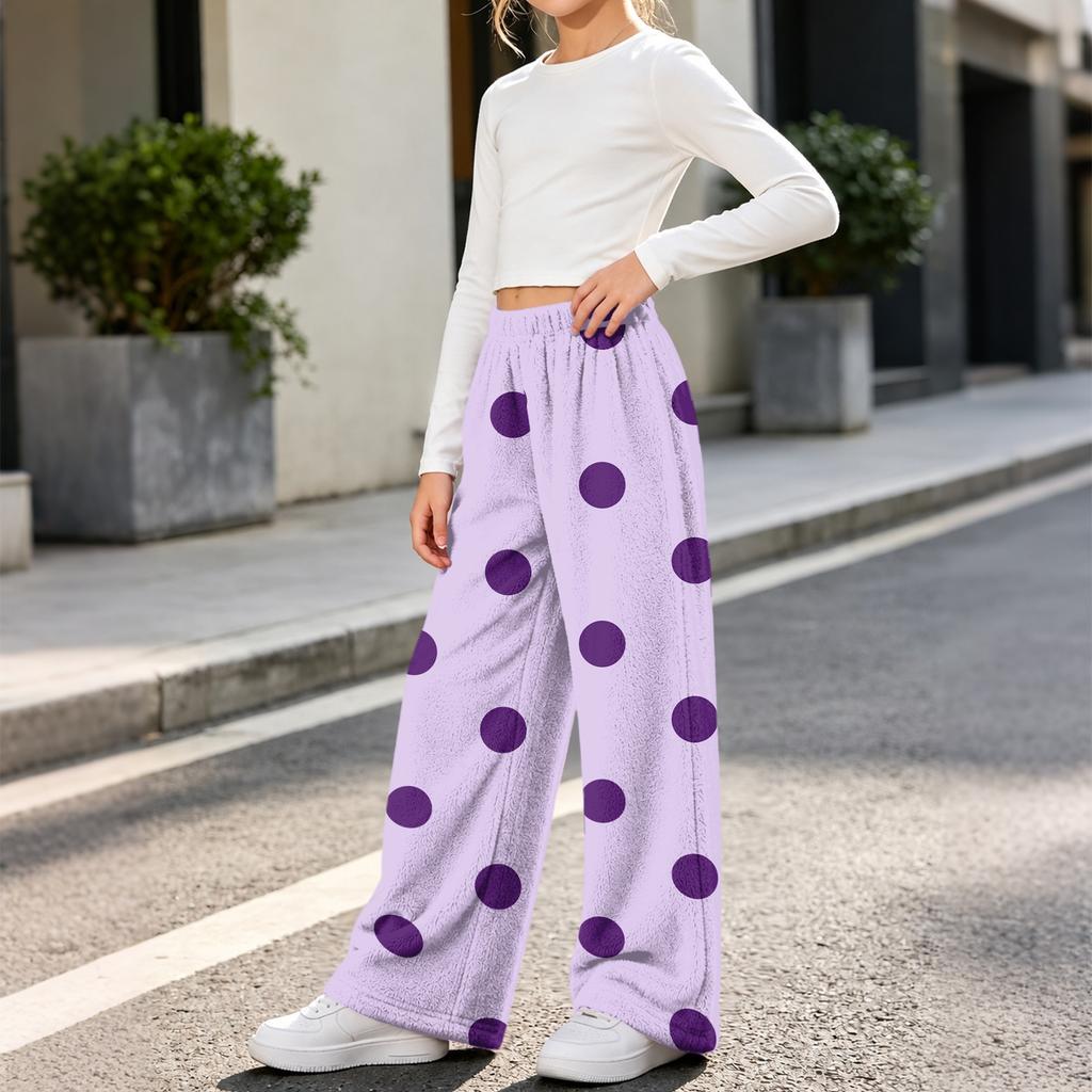 Mädchen Flanellhose mit Polka-Dot-Print Warm Lockerer Schnitt für Herbst und Winter Freizeitkleidung