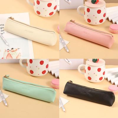 Simple Mini Zip PU Leather Storage Bag Pen Pouch School Supplies Pencil Bag